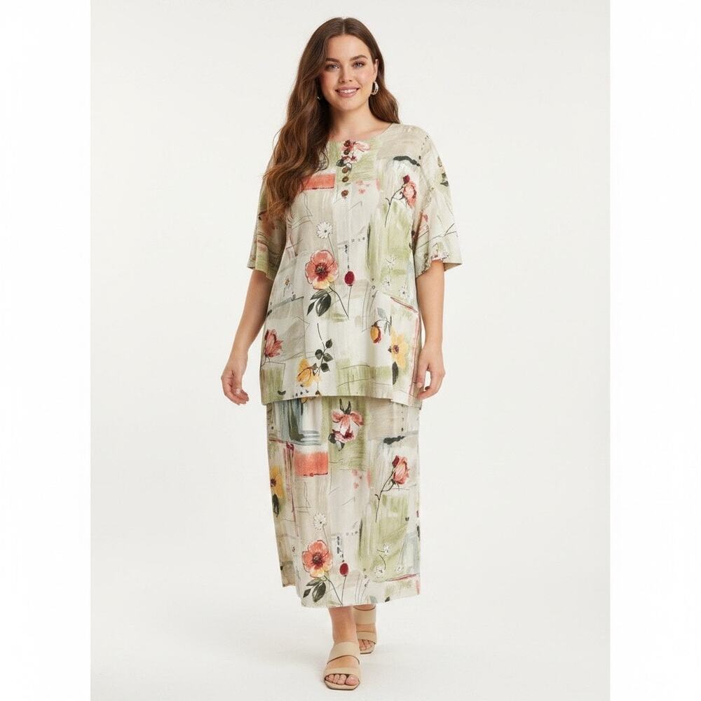 Vintage Just Desserts  2 Piece Floral Dress Set 22W Art Watercolor Lagenlook